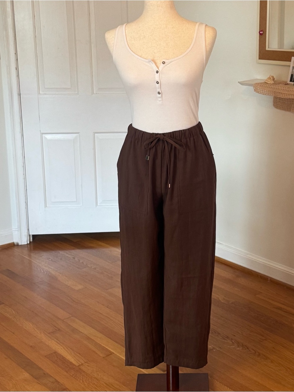 NWOT Zara Chocolate Brown Viscose Cropped Pant Front Patch Pockets Elastic Wais